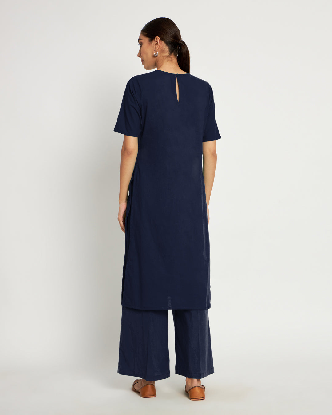 Midnight Blue Round Neck Long Solid Co-ord Set