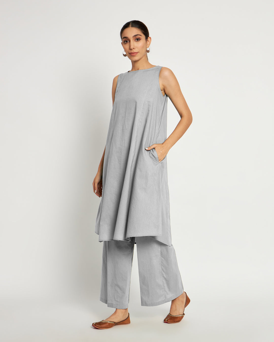 Iced Grey Sleeveless A-Line Solid Co-ord Set