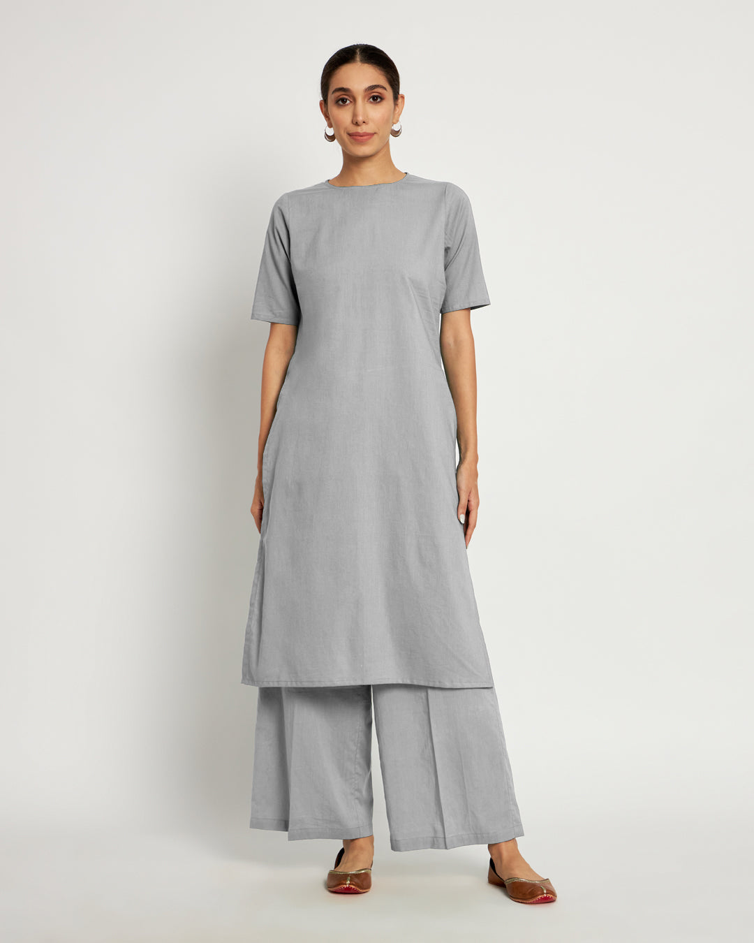 Iced Grey Round Neck Long Solid Co-ord Set
