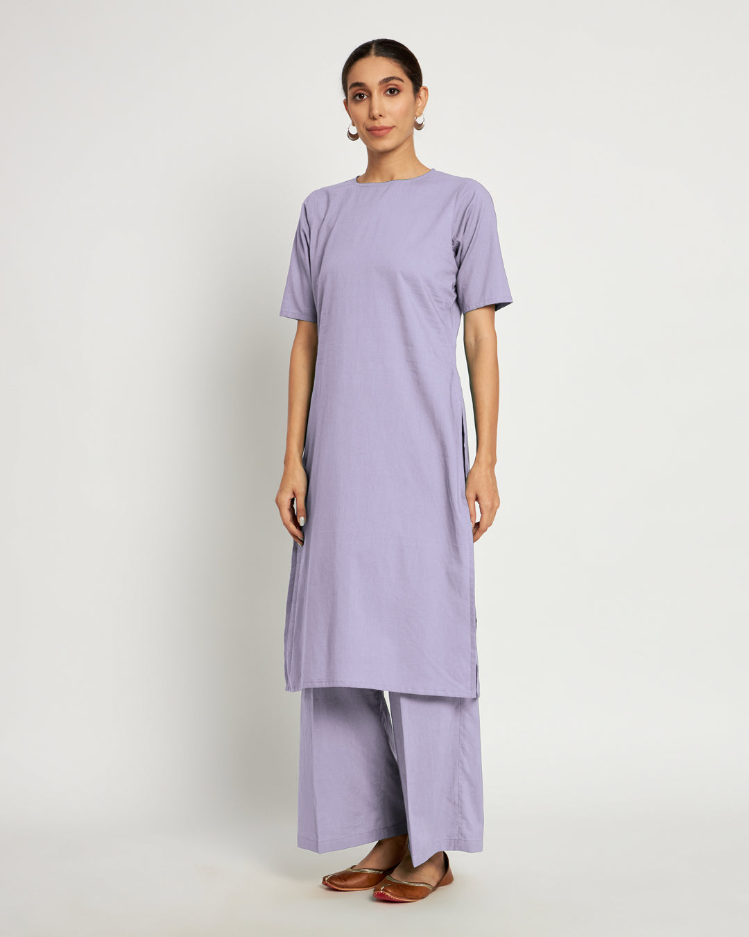 Lilac Round Neck Long Solid Kurta (Without Bottoms)