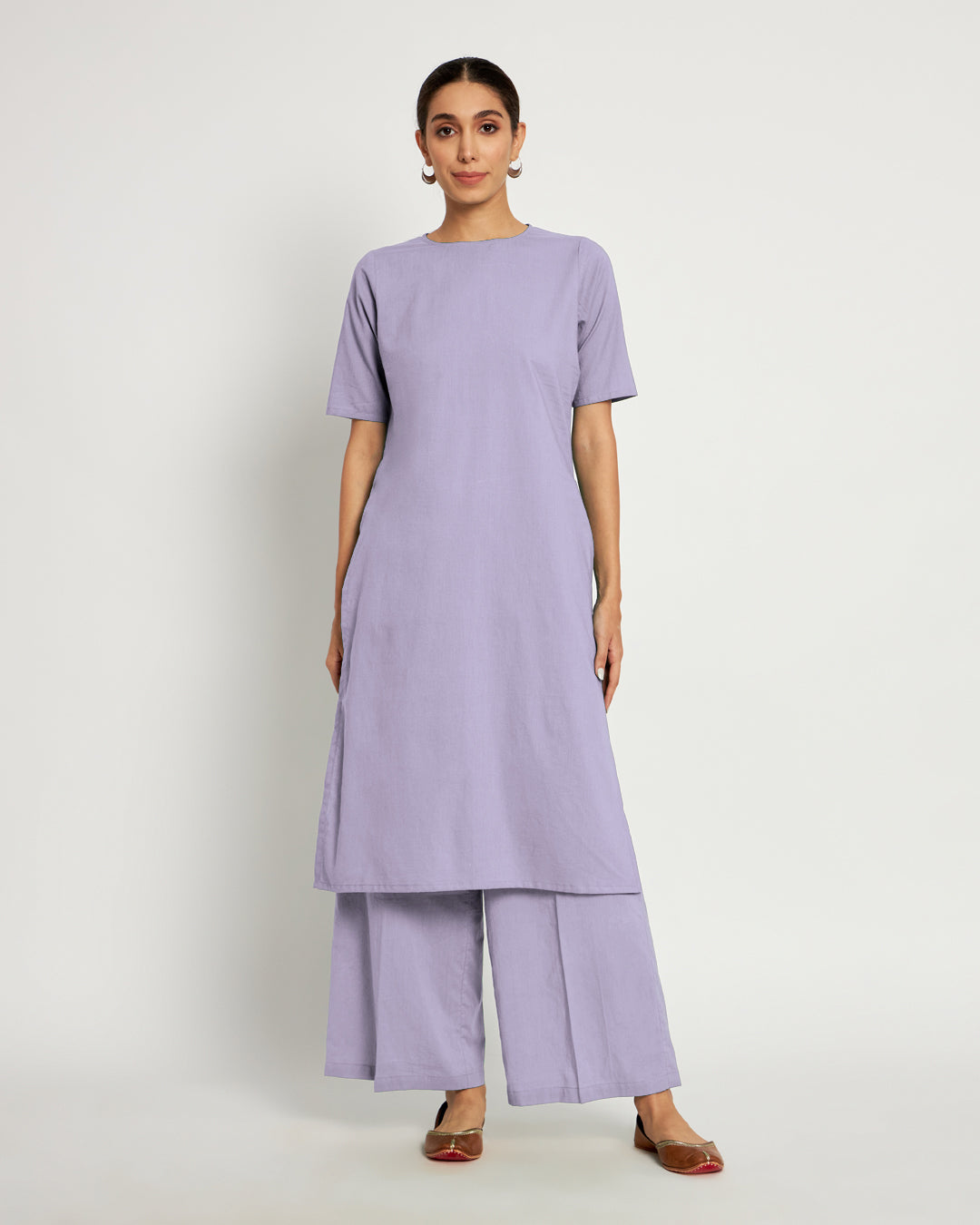 Lilac Round Neck Long Solid Kurta (Without Bottoms)