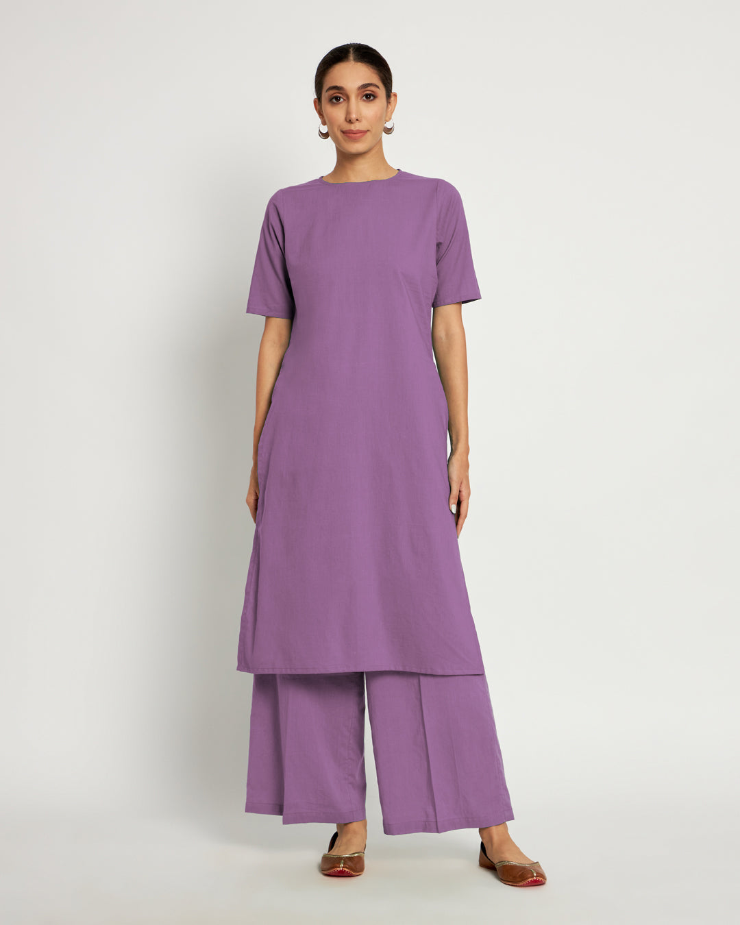 Wisteria Purple Round Neck Long Solid Co-ord Set