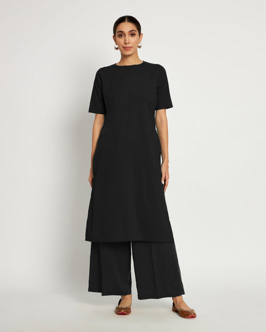 Classic Black Round Neck Long Solid Kurta (Without Bottoms)