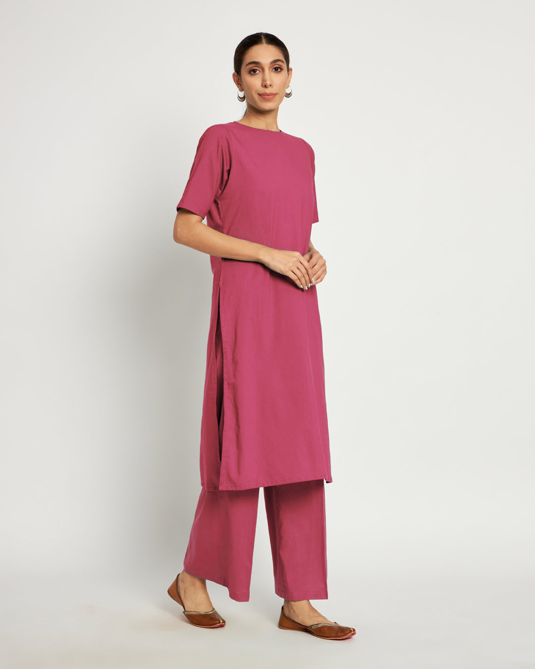 Zinnia Pink Round Neck Long Solid Co-ord Set