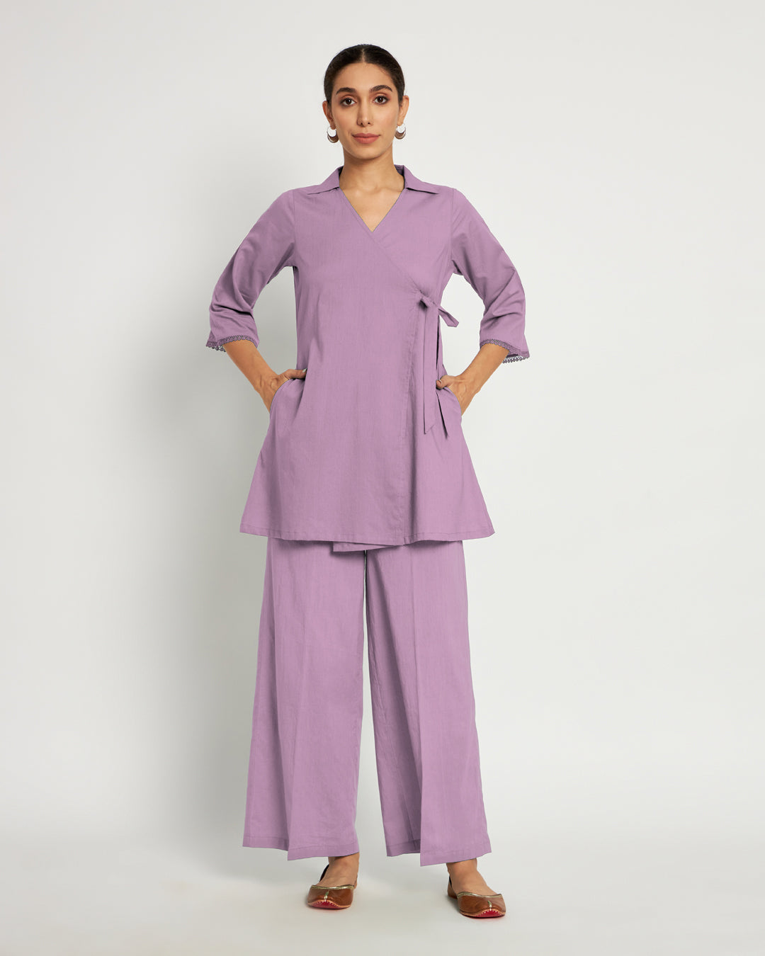 Iris Pink Collar Neck Angrakha Solid Top (Without Bottoms)
