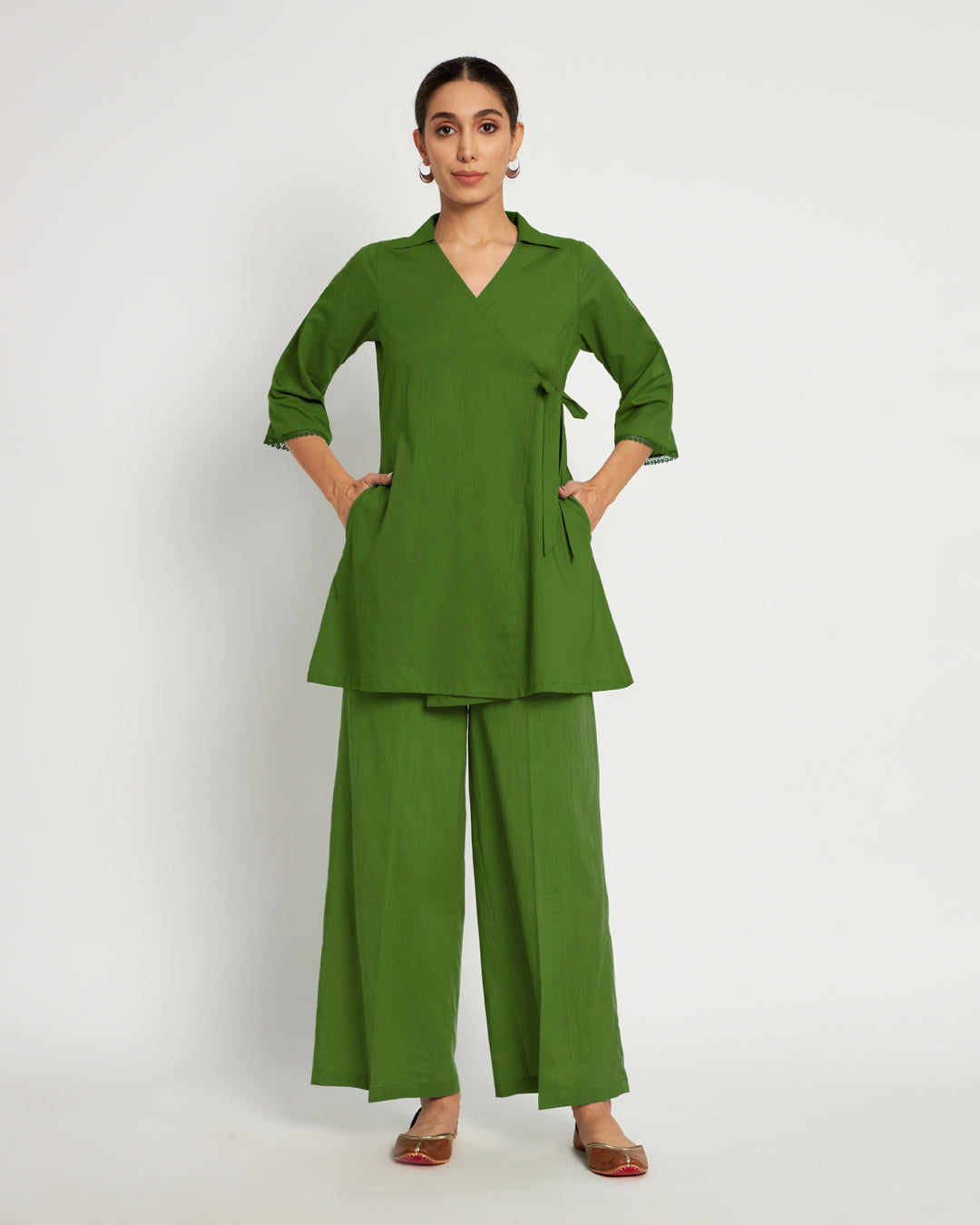 Greening Spring Collar Neck Angrakha Solid Top (Without Bottoms)