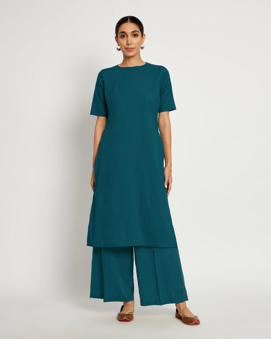 Deep Teal Round Neck Long Solid Kurta (Without Bottoms)