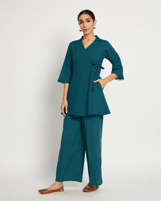 Deep Teal Collar Neck Angrakha Solid Top (Without Bottoms)