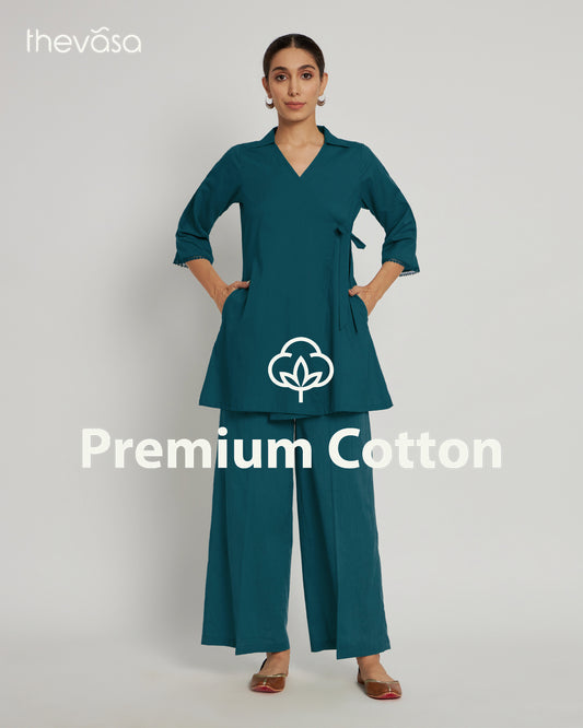 Deep Teal Collar Neck Angrakha Solid Co-ord Set