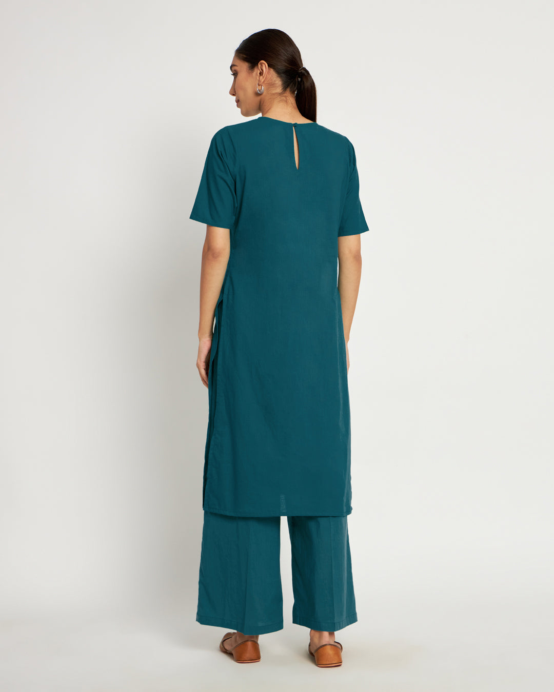 Deep Teal Round Neck Long Solid Kurta (Without Bottoms)