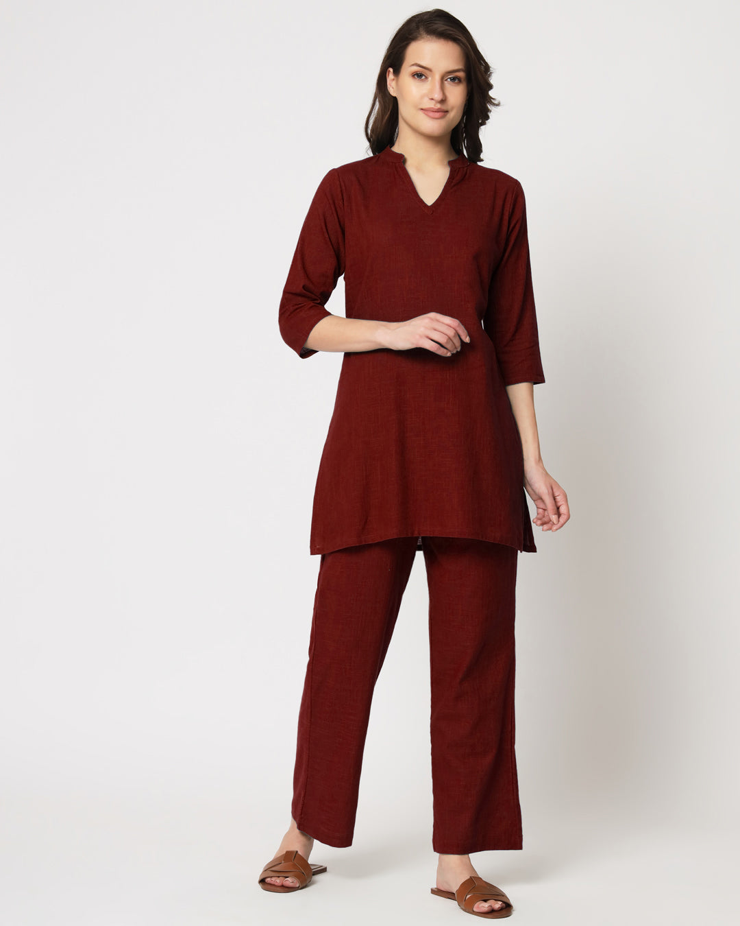 Russet Red Collar Neck Mid Length Solid Kurta (Without Bottoms)
