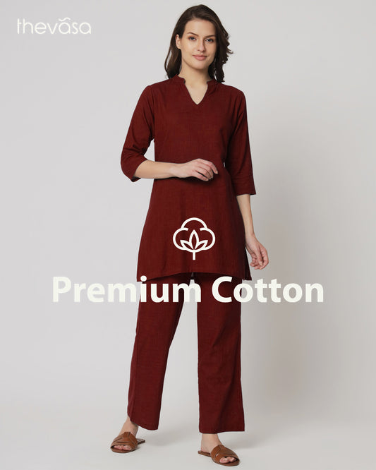 Russet Red Collar Neck Mid Length Solid Co-ord Set