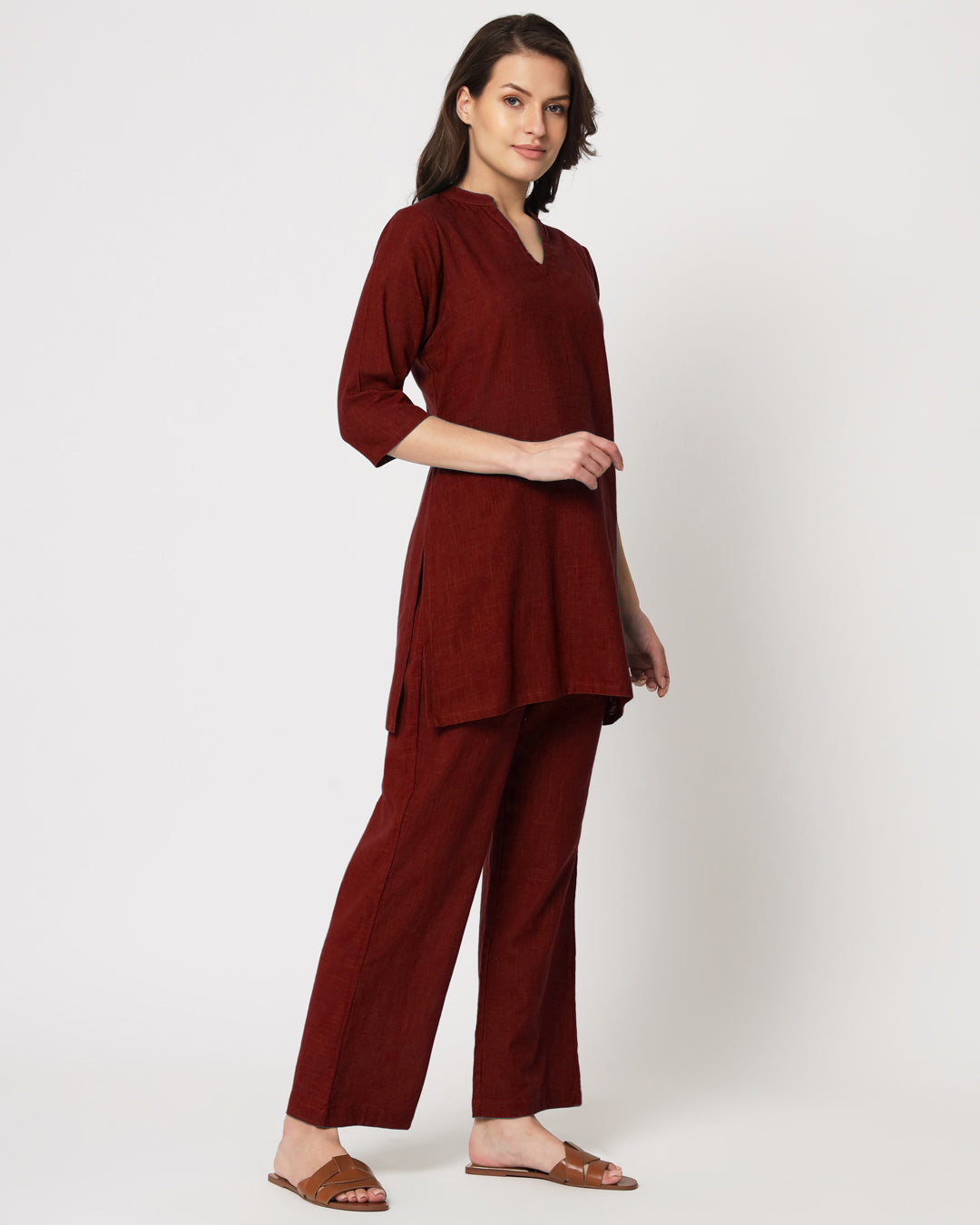 Russet Red Collar Neck Mid Length Solid Kurta (Without Bottoms)