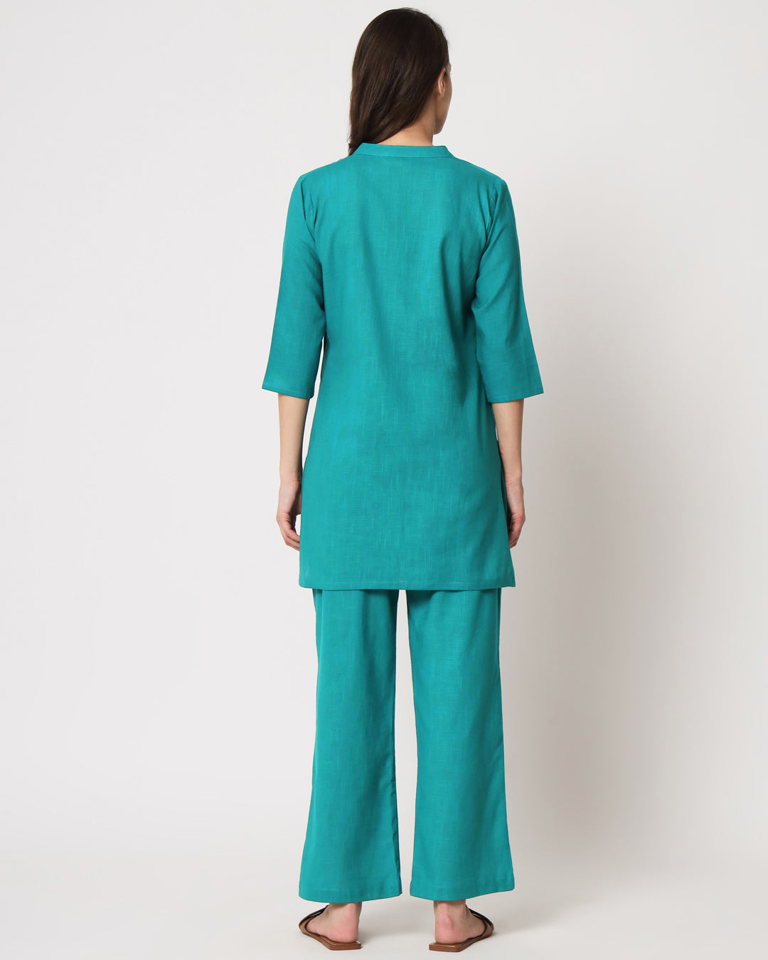 Green Gleam Collar Neck Mid Length Solid Co-ord Set