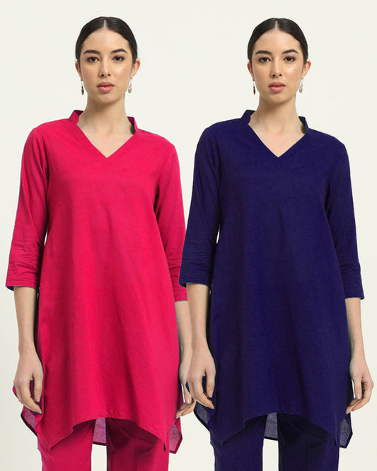 Combo: Queens Gulabi & Aurora Purple Fresh Fusion Collar V Solid Kurta