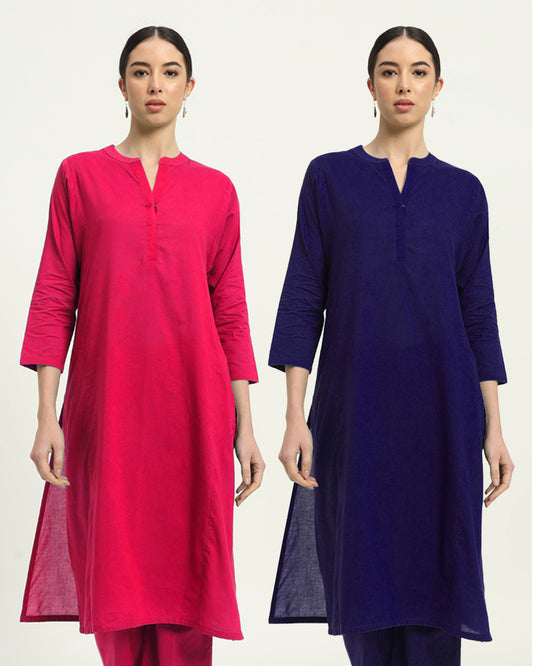 Combo: Queens Gulabi & Aurora Purple Everyday Bliss Notch Neck Solid Kurta