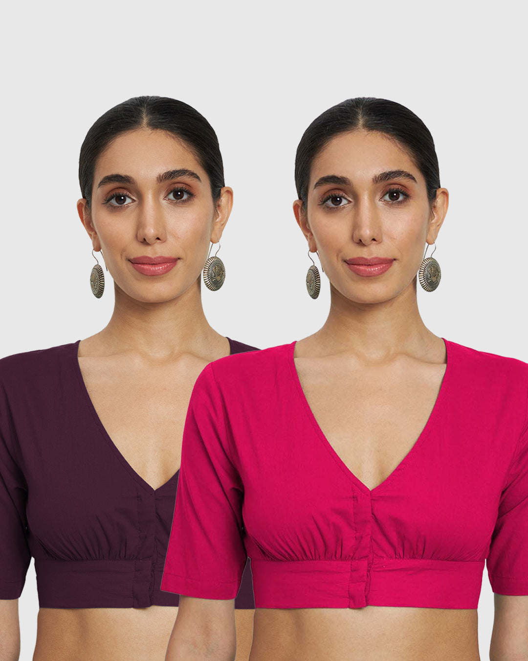 Combo: Plum Passion & Queen's Gulabi V Gathers Blouse- Set of 2