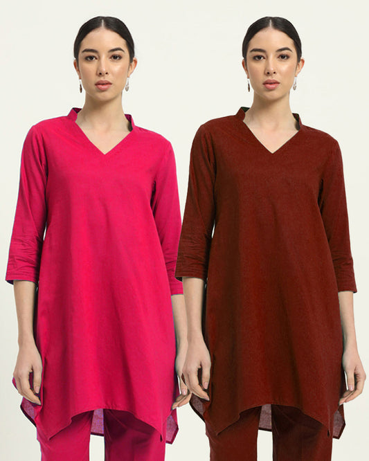 Combo: Queens Gulabi & Russet Red Fresh Fusion Collar V Solid Kurta