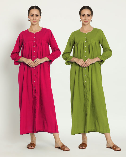 Combo: Queen's Gulabi & Sage Green Dreamy Drift Nightdress- Set Of 2