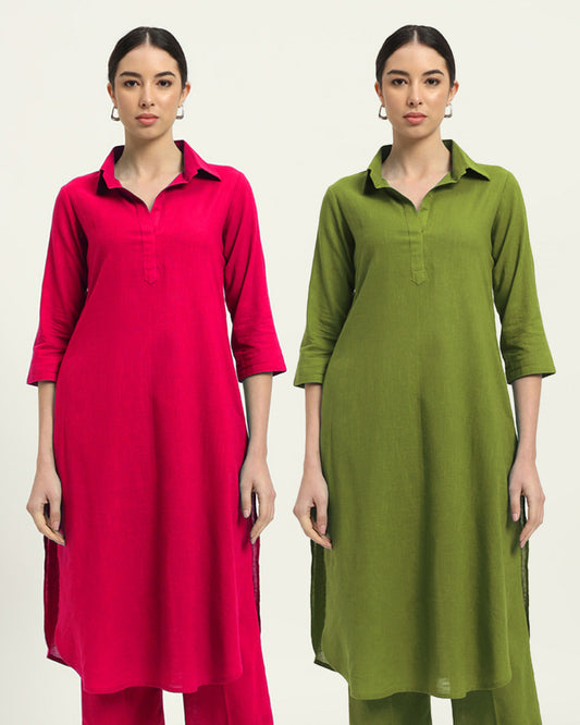 Combo: Queens Gulabi & Sage Green Collar Comfort Solid Kurta