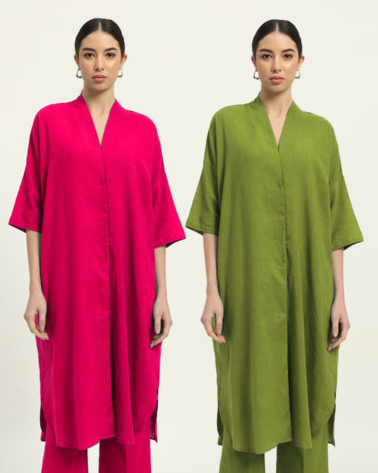 Combo: Queen's Gulabi & Sage Green Serene Sojourn V Neck Solid Kurta