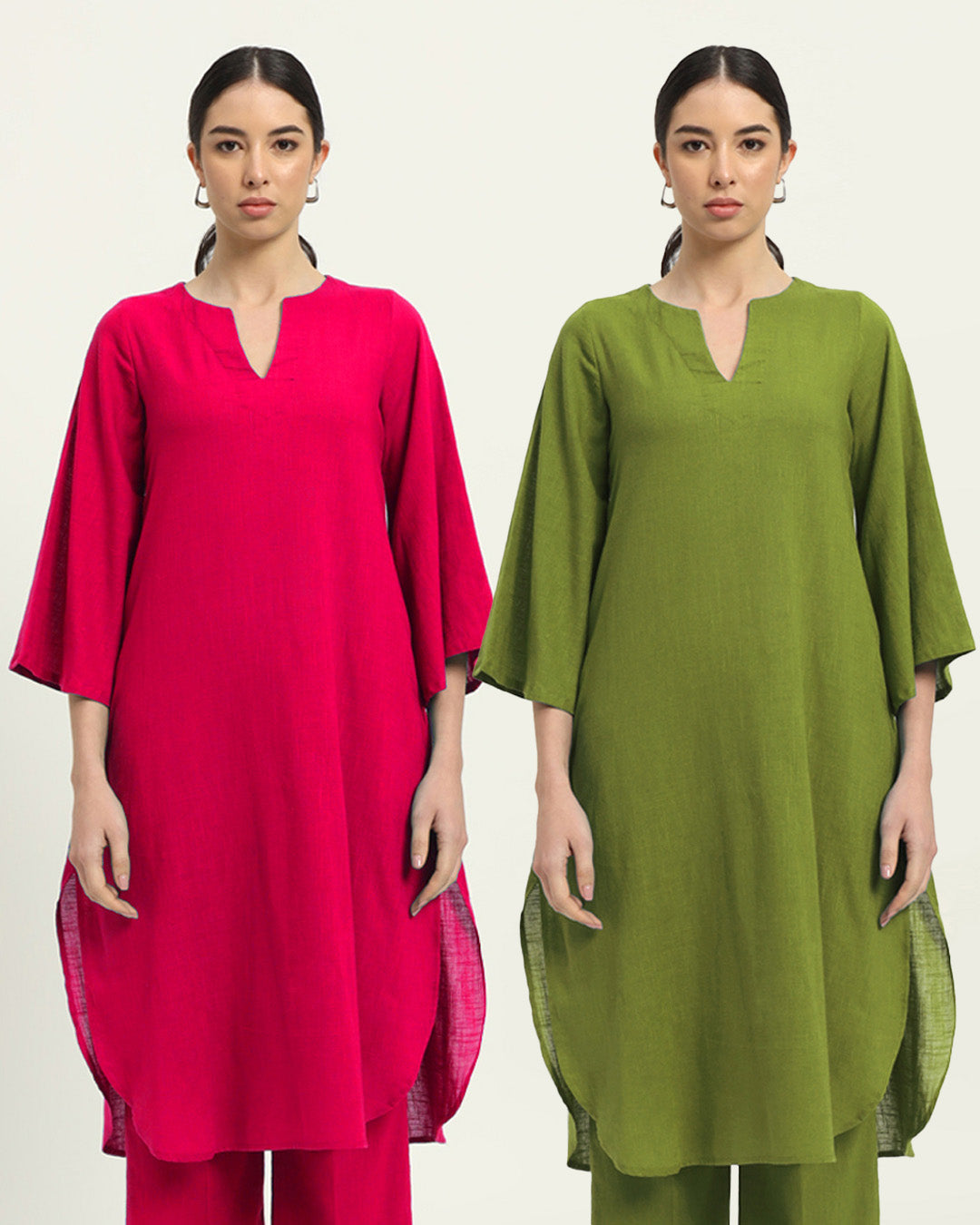 Combo: Queen's Gulabi & Sage Green Rounded Reverie Solid Kurta