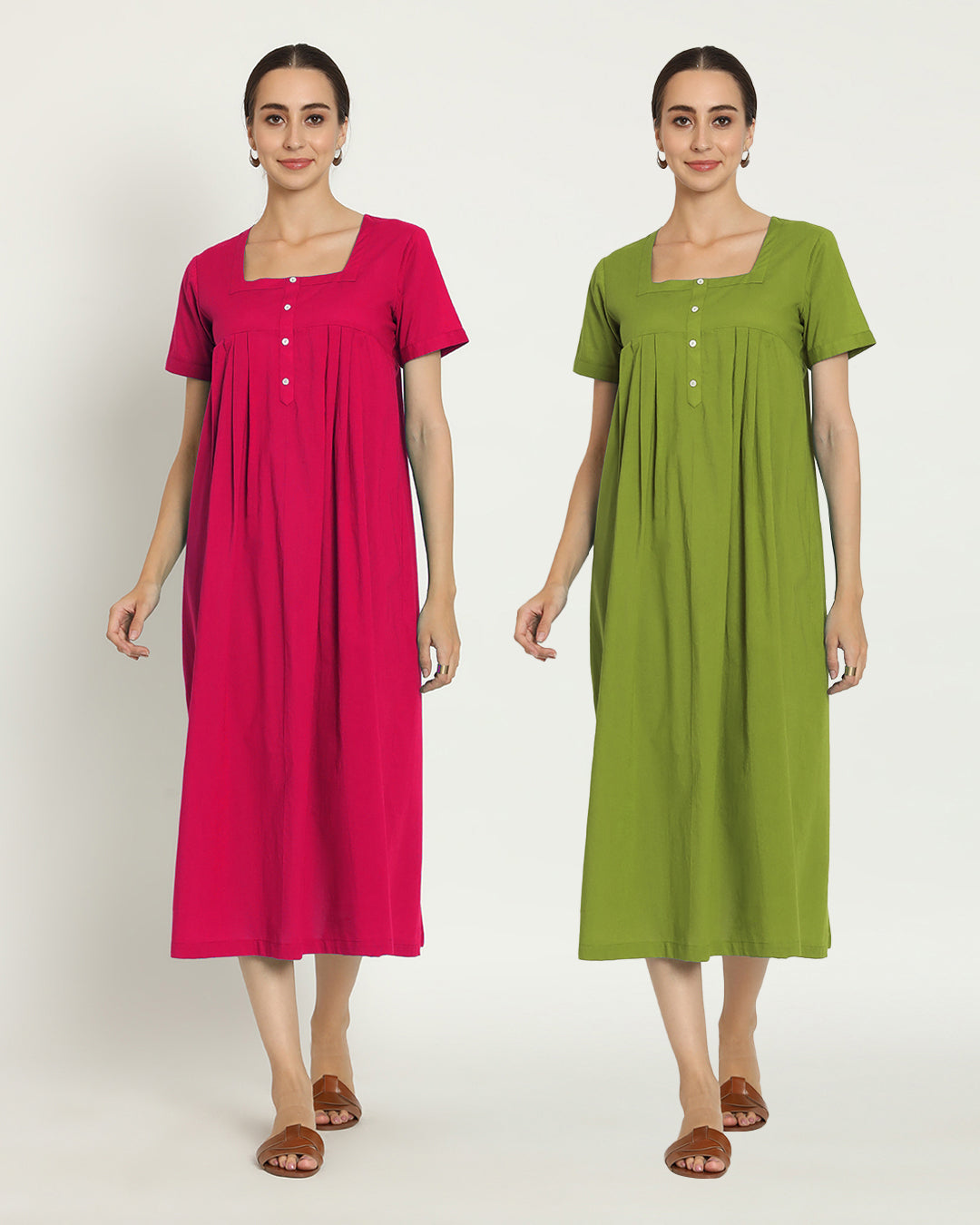 Combo: Queen's Gulabi & Sage Green Square Neck Serenity Nightdress- Set Of 2