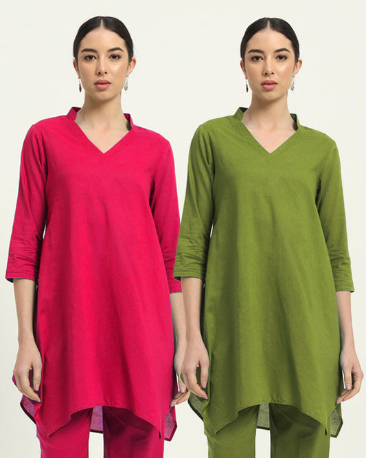 Combo: Queens Gulabi & Sage Green Fresh Fusion Collar V Solid Kurta