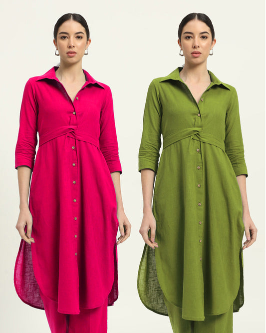 Combo: Queen's Gulabi & Sage Green Bellisimo Belted Solid Kurta