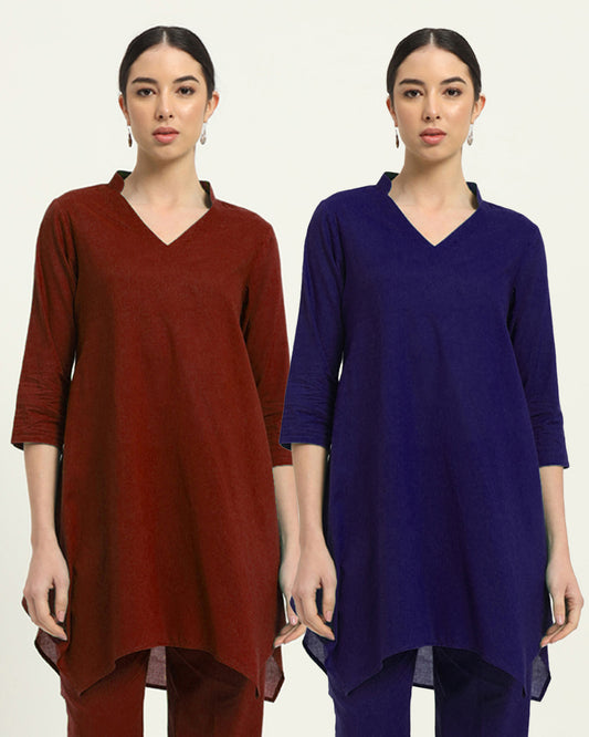 Combo: Russet Red & Aurora Purple Fresh Fusion Collar V Solid Kurta