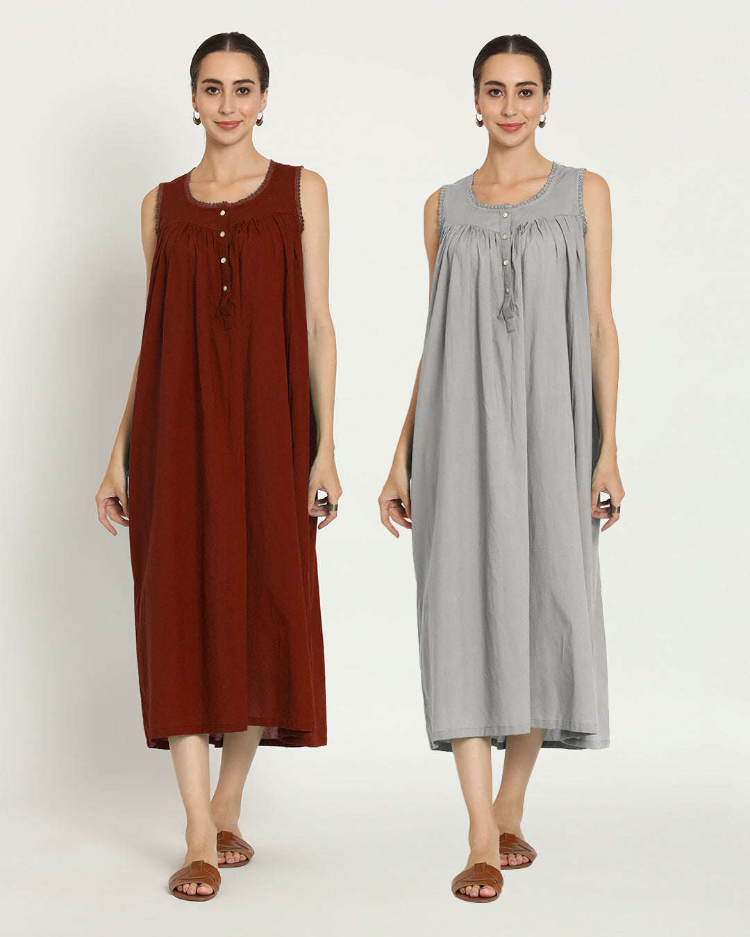 Combo: Russet Red & Iced Grey Moonlight Mirage Nightdress- Set Of 2