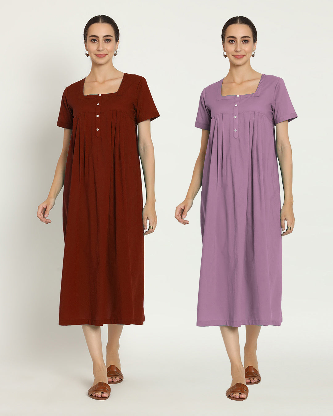 Combo: Russet Red & Iris Pink Square Neck Serenity Nightdress- Set Of 2