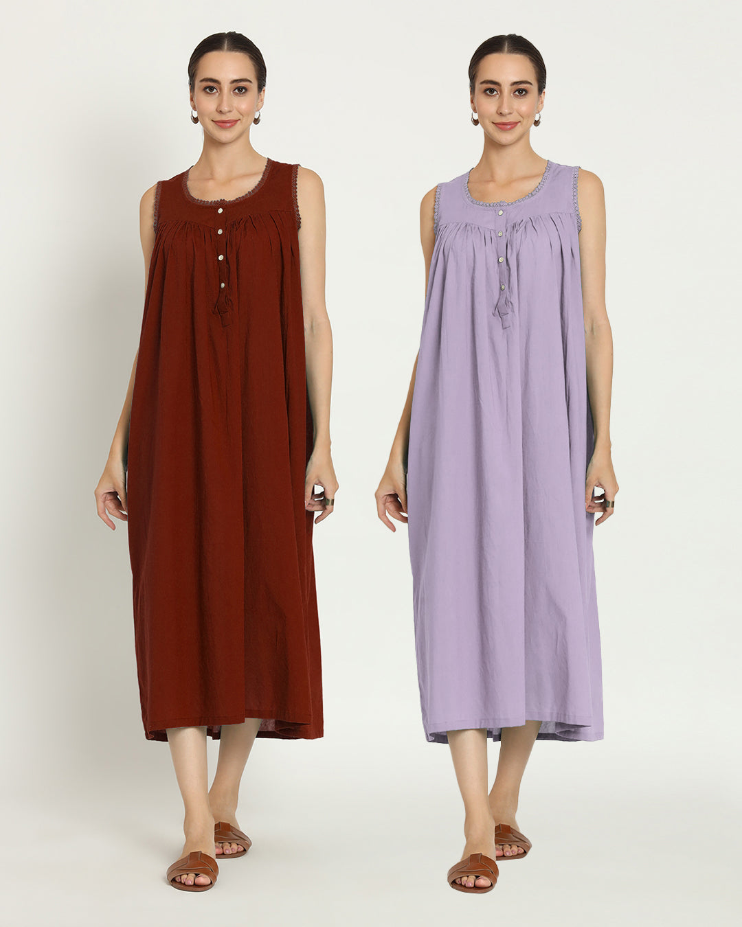 Combo: Russet Red & Lilac Moonlight Mirage Nightdress- Set Of 2