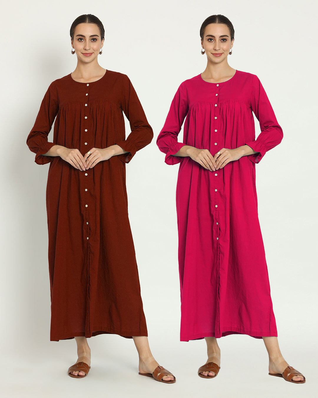 Combo: Russet Red & Queen's Gulabi Dreamy Drift Nightdress- Set Of 2