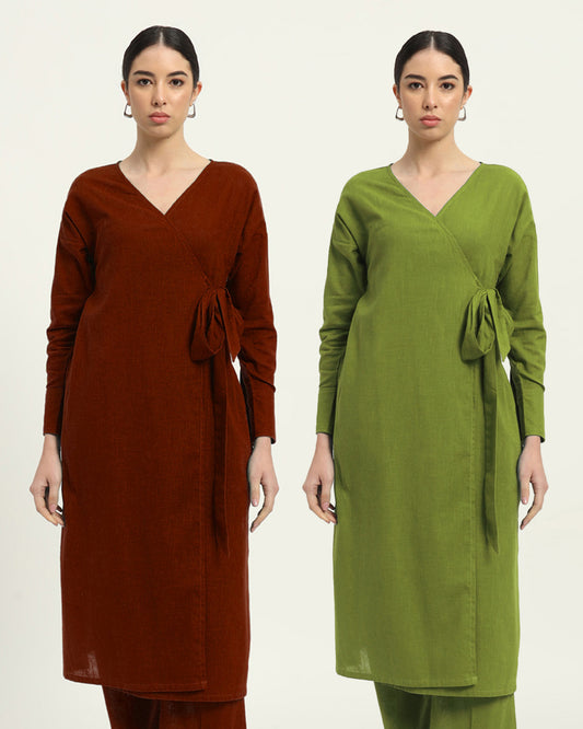 Combo: Russet Red & Sage Green Ribbon Wrap Solid Kurta