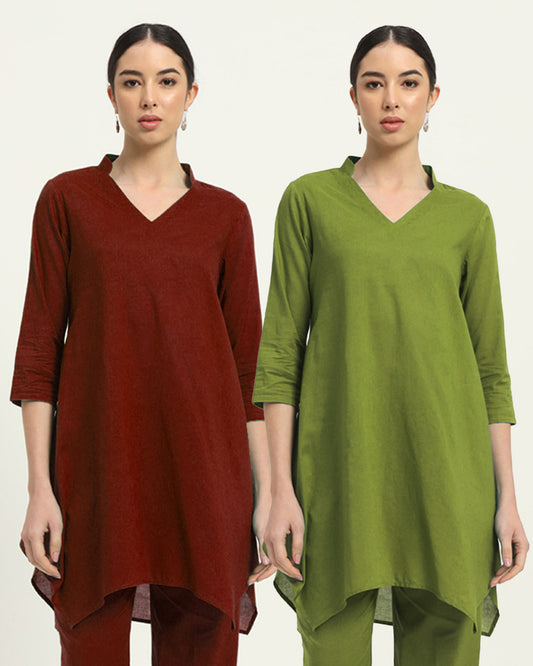 Combo: Russet Red & Sage Green Fresh Fusion Collar V Solid Kurta