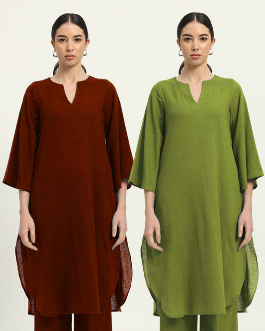 Combo: Russet Red & Sage Green Rounded Reverie Solid Kurta