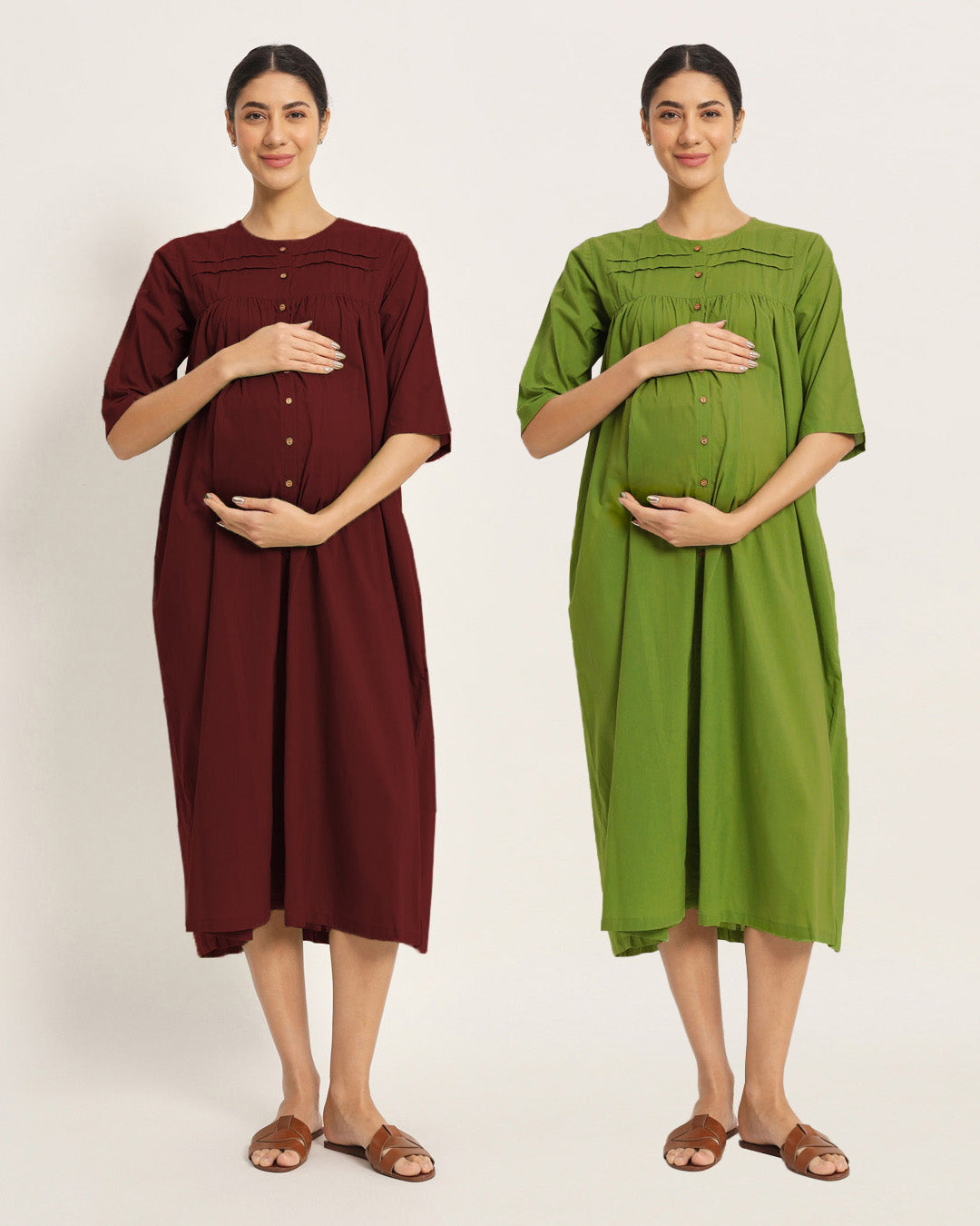 Combo: Russet Red & Sage Green Mommy-to-Be Marvel Maternity & Nursing Dress