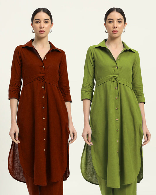 Combo: Russet Red & Sage Green Bellisimo Belted Solid Kurta