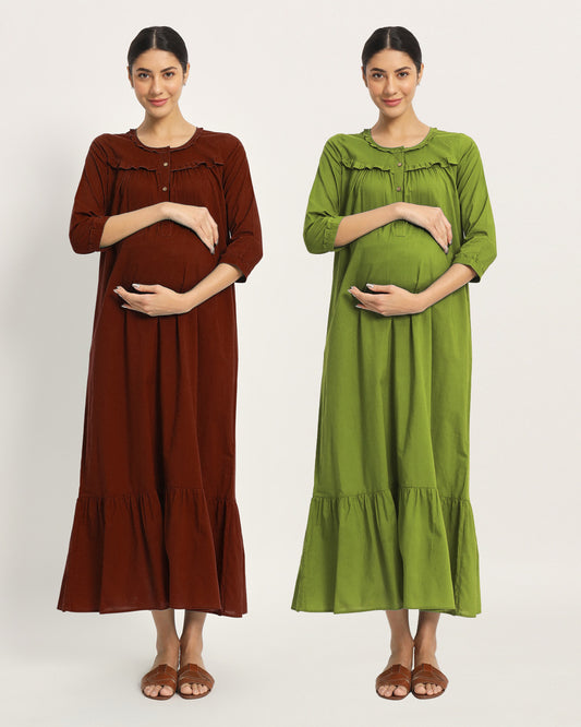 Combo: Russet Red & Sage Green Bella Mama Maternity & Nursing Dress-Set of 2
