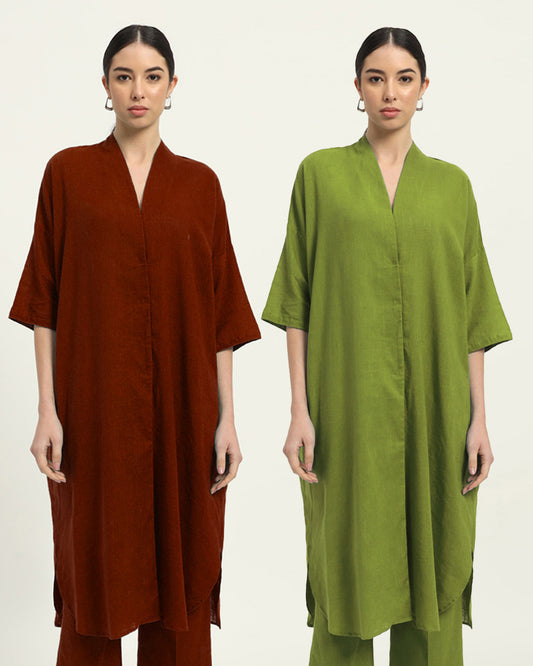 Combo: Russet Red & Sage Green Serene Sojourn V Neck Solid Kurta