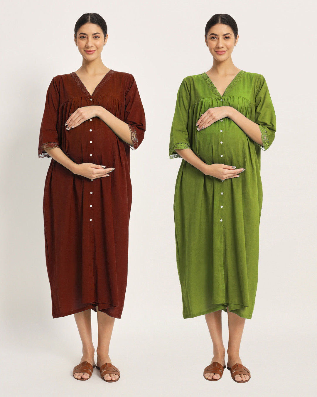 Combo: Russet Red & Sage Green Stylish Preggo Maternity & Nursing Dress - Set of 2