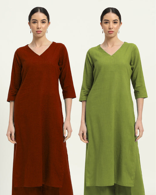 Combo: Russet Red & Sage Green Verve & Versatility Kurta