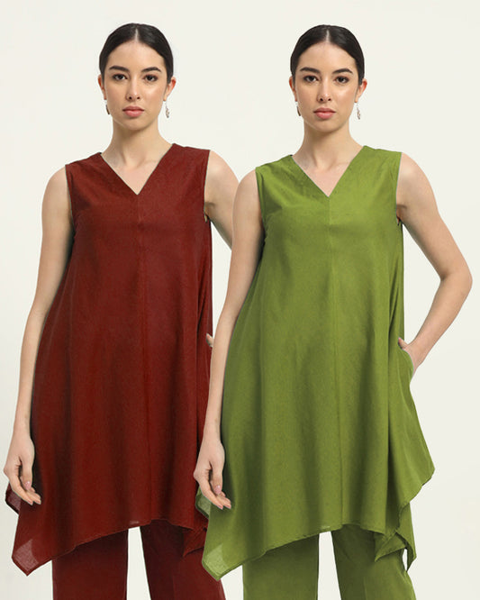 Combo: Russet Red & Sage Green Midsummer Dream Solid Kurta