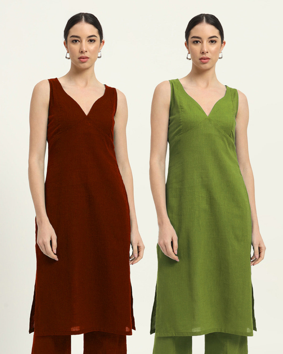 Combo: Russet Red & Sage Green Modern Muse Sweetheart Solid Kurta