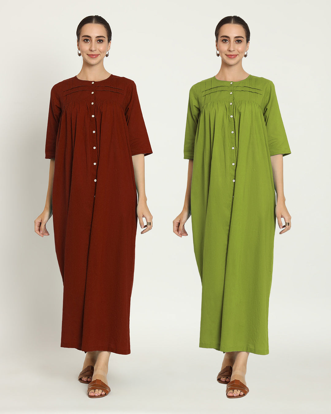 Combo: Russet Red & Sage Green Pleated Paradise Maxi Nightdress- Set Of 2