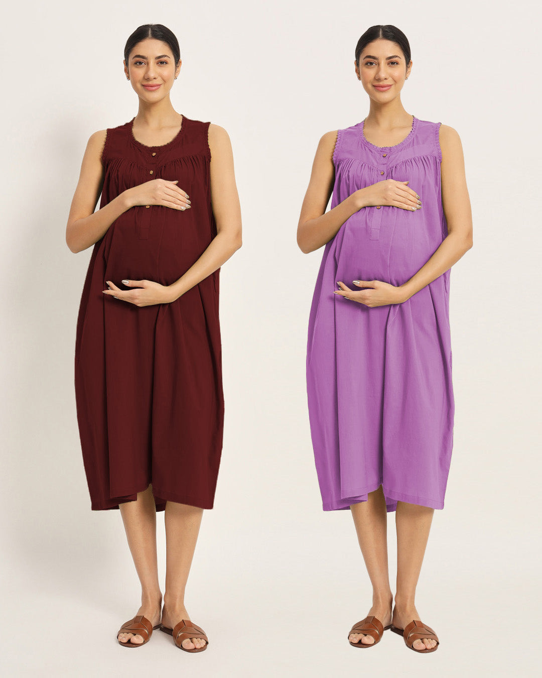 Combo: Russet Red & Wisteria Purple Pregnan-Queen Maternity & Nursing Dress