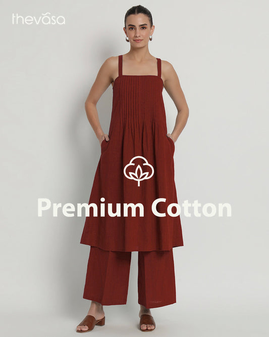 Russet Red Dreamy Flare Spaghetti Solid Co-ord Set