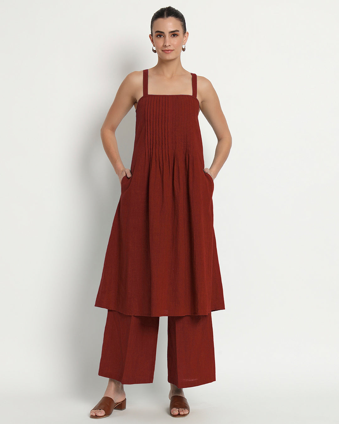Russet Red Dreamy Flare Spaghetti Solid Co-ord Set