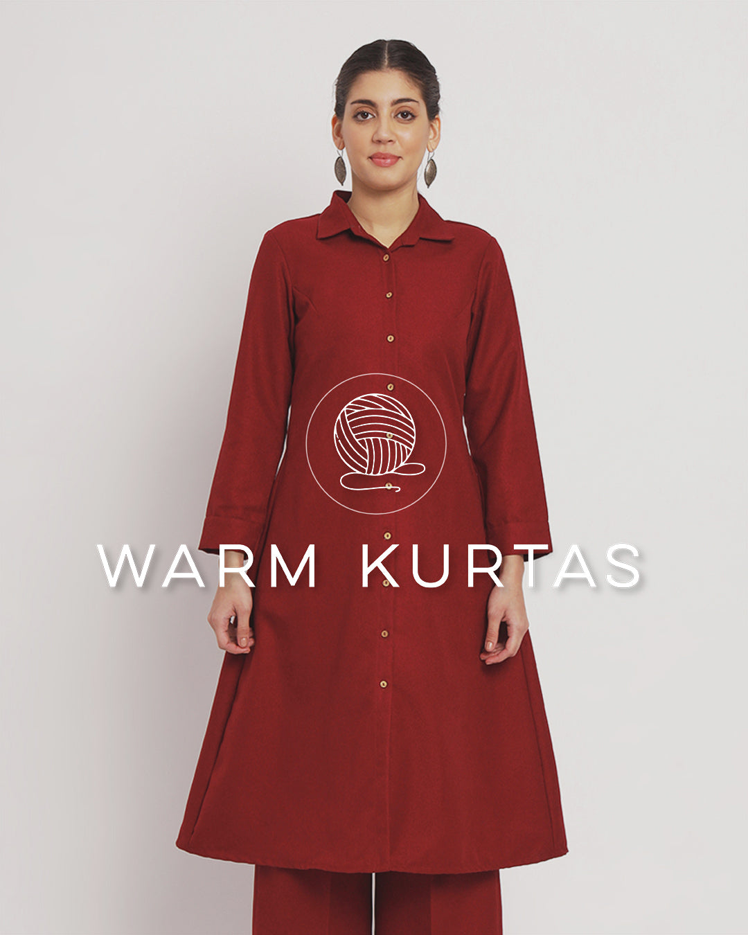 Russet Red Artfull A-Line Woolen Kurta (Without Bottoms)